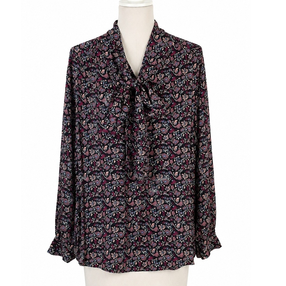 Ann Taylor Loft LP Blouse Tie Neck Floral Long Sleeve Rayon Black Pink LP